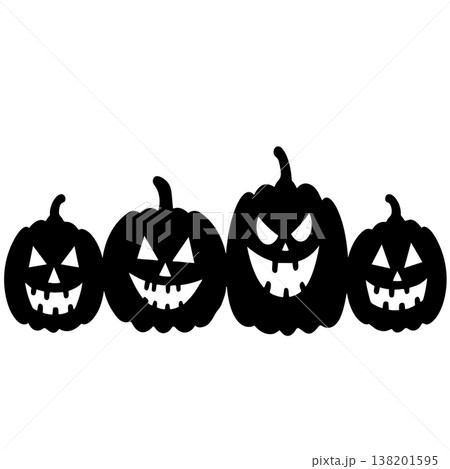 Four carved halloween pumpkins with spooky faces in a row as black silhouettes on white background 138201595