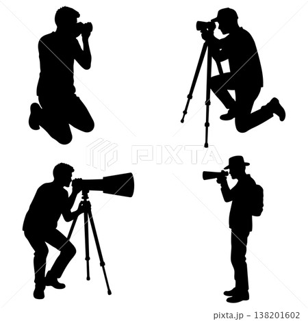 Four silhouettes of photographers holding cameras with tripods and long lenses against white background Four silhouettes of photographers holding cameras with tripods and long lenses against white background 138201602