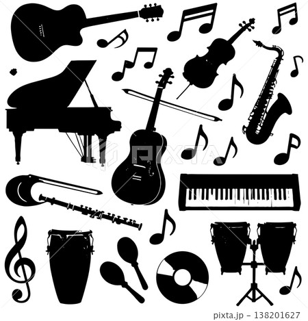Musical instruments and notes silhouettes collection guitar piano violin saxophone drums and music 138201627