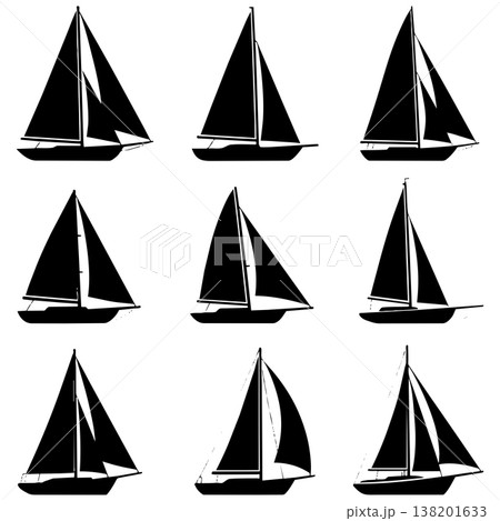 Nine black sailboat silhouettes in various positions on white background isolated vector illustration 138201633