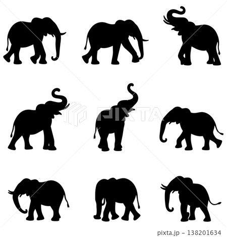 Nine different elephant silhouettes in various walking and standing poses on a white background 138201634