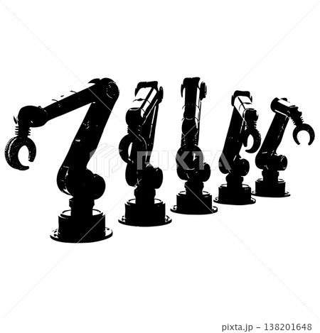 Row of five black robotic arms with textured grippers against a clean white background 138201648