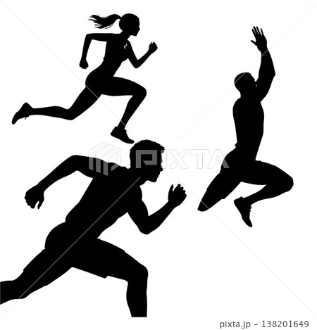 Runners silhouette racing and jumping athletes in motion sports and fitness concept Runners silhouette racing and jumping athletes in motion sports and fitness concept 138201649