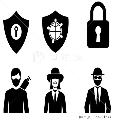 Security icons shield lock and hacker figures on white background Security icons shield lock and hacker figures on white background 138201653