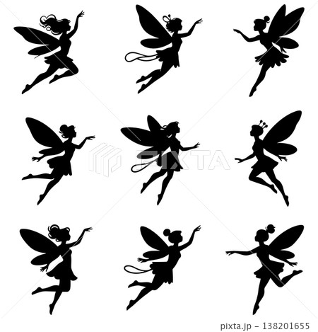 Set of beautiful fairy silhouettes, various elegant winged girls flying and dancing vector illustration 138201655