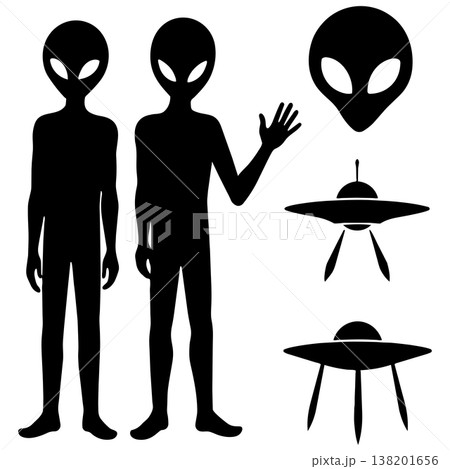 Set of black alien silhouettes and flying saucers on white background, extraterrestrial life concept 138201656