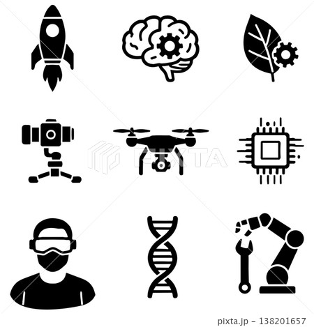 Set of black and white technology and science related icons on white background Set of black and white technology and science related icons on white background 138201657