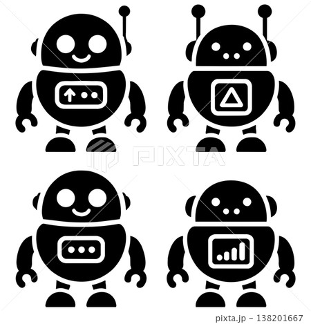 Set of cute black robot character silhouettes with different symbols on white background 138201667