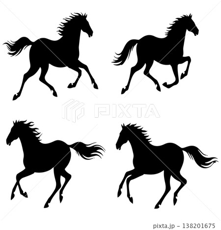 Set of four running horse silhouettes with flowing manes and tails various poses Set of four running horse silhouettes with flowing manes and tails various poses 138201675