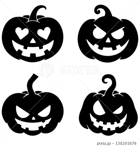 Set of four scary halloween pumpkin silhouettes black isolated on white background jack o lantern Set of four scary halloween pumpkin silhouettes black isolated on white background jack o lantern 138201676