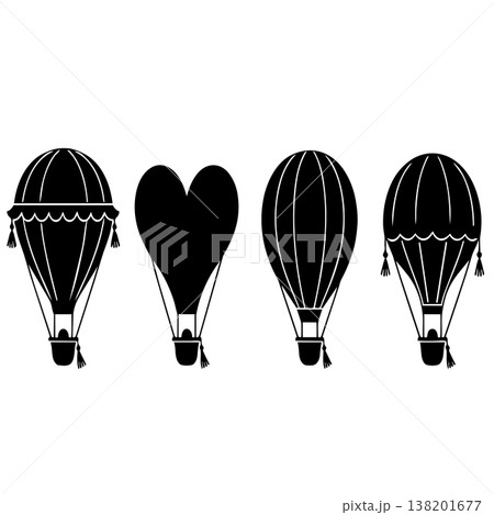 Set of isolated black silhouettes of hot air balloons with basket and ropes on white background 138201677