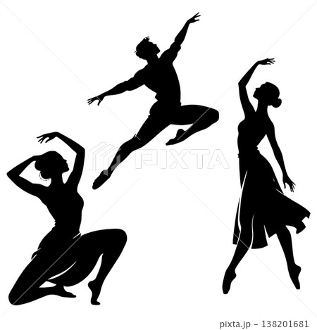 Set of three ballet dancers in graceful poses, showing movement and elegance in black silhouettes 138201681
