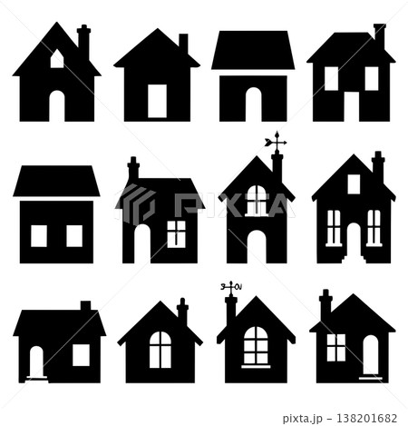 Set of various house silhouettes isolated on a white background creating a domestic theme 138201682