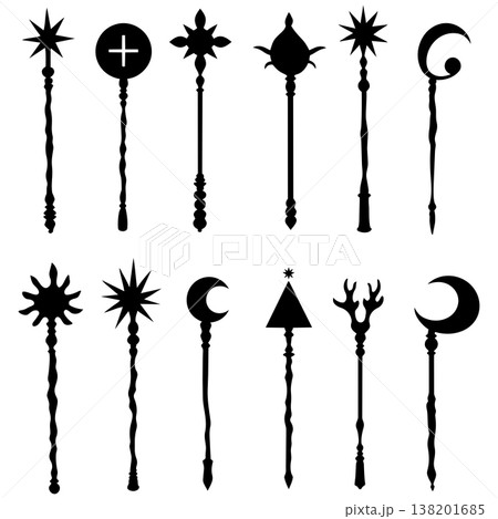 Set of wizard and magic wands silhouettes, various mystical staffs with moon star cross symbols Set of wizard and magic wands silhouettes, various mystical staffs with moon star cross symbols 138201685