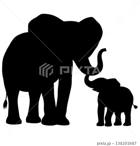 Silhouette of a mother elephant and her baby elephant standing side by side in a tender pose 138201687