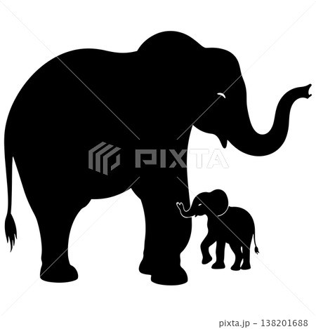 Silhouette of a mother elephant and her baby elephant, with the baby reaching for its mom Silhouette of a mother elephant and her baby elephant, with the baby reaching for its mom 138201688