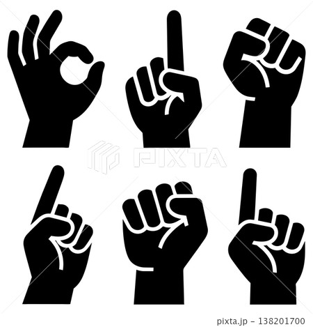 Silhouettes of hands making gestures like okay, one, and fist on white background 138201700