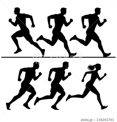 Silhouettes of men and woman running, dynamic action poses for sports and fitness themes 138201701