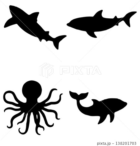 Silhouettes of sea creatures including sharks, octopus, and dolphin on white background 138201703