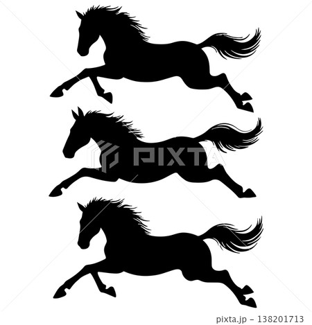 Three black horse silhouettes with flowing manes and tails captured in mid-gallop on white background 138201713