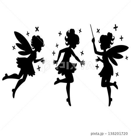 Three dancing fairies silhouette magical sprites with wings and magic wand and sparkles fantasy characters Three dancing fairies silhouette magical sprites with wings and magic wand and sparkles fantasy characters 138201720