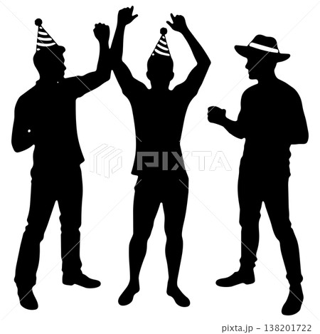 Three happy men silhouettes celebrating at party wearing hats and cheering with drinks on holiday 138201722