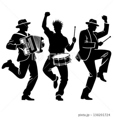 Three musicians silhouettes playing accordion and drums dancing against white background Three musicians silhouettes playing accordion and drums dancing against white background 138201724
