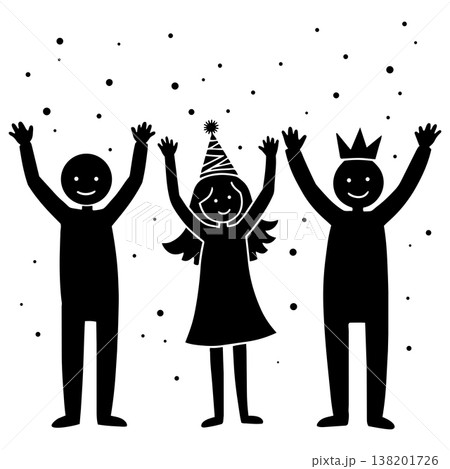 Three smiling cartoon-like stick figures celebrating with hands raised under falling confetti Three smiling cartoon-like stick figures celebrating with hands raised under falling confetti 138201726