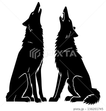 Two howling wolves silhouettes sitting facing each other on isolated white background 138201745