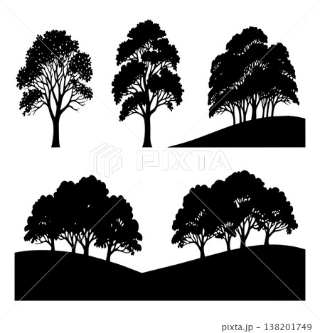 Variety of lush trees in silhouette against white and natural landscapes Variety of lush trees in silhouette against white and natural landscapes 138201749