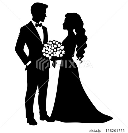 Wedding couple silhouette bride and groom holding flower bouquet marriage ceremony Wedding couple silhouette bride and groom holding flower bouquet marriage ceremony 138201753