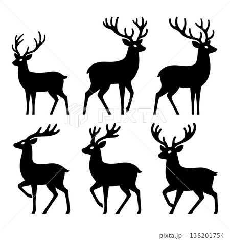Wild deer silhouettes with majestic antlers in various poses for hunting and nature design graphics Wild deer silhouettes with majestic antlers in various poses for hunting and nature design graphics 138201754