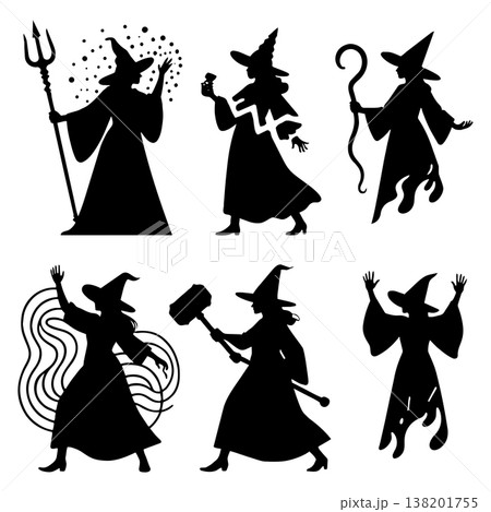 Witch silhouette collection with magical staffs and sorcery accessories for halloween party design 138201755