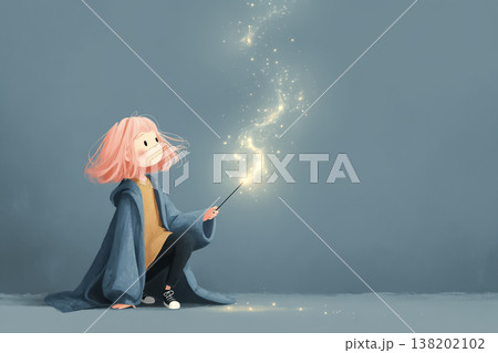 絵美シリーズ：魔法の光を見上げるピンク髪の若い女性のファンタジーイラスト素材 138202102