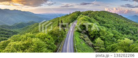 Evening mountain landscape of forest road in North Carolina Appalachians, USA. Blue Ridge Parkway American highway in summer season 138202206