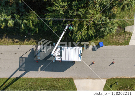 Electricity outage prevention. Electrician worker trimming tree around power lines 138202211