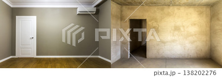 Comparison of a room in an apartment before and after renovation. New house. Comparison of a room in an apartment before and after renovation. New house. 138202276