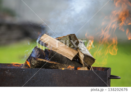 Brightly burning in metal box firewood for barbecue outdoor. Camping, safety and tourism concept. 138202676