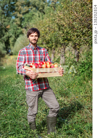 Man farmer holding wooden box apples autumn harvest season, from tree in verdant orchard Man farmer holding wooden box apples autumn harvest season, from tree in verdant orchard 138202814