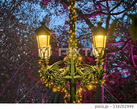 Vintage light among vibrant blossoms, Decorative streetlamp illuminating flowering garden scene 138202999