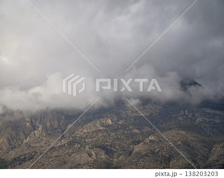 Stormy sky enhances rugged landscape, Dark clouds cover towering cliffs for dramatic scenes Stormy sky enhances rugged landscape, Dark clouds cover towering cliffs for dramatic scenes 138203203
