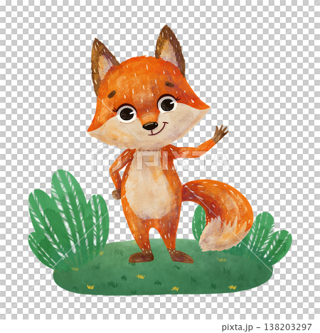 A red fox cub, a cartoon character on a green meadow. In a flat style. Watercolor, pastel, gouache. Design element for children's products: printing, stationery, packaging, textiles, wallpapers A red fox cub, a cartoon character on a green meadow. In a flat style. Watercolor, pastel, gouache. Design element for children's products: printing, stationery, packaging, textiles, wallpapers 138203297
