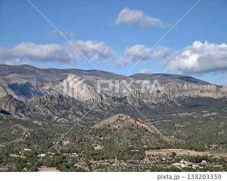Rural scenic landscape, Peaceful valley with farms, Serene mountain area with scattered homesteads Rural scenic landscape, Peaceful valley with farms, Serene mountain area with scattered homesteads 138203359