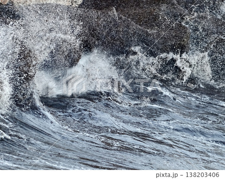 Chaotic water and storm energy depiction, Dynamic scene of turbulent ocean and destructive waves 138203406