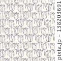Tulip Flower Botanical seamless Pattern. Minimal plant hand-drawn graphic abstract sketch ink black and white freehand brush pen floral drawing, rustic meadow backdrop. 138203691