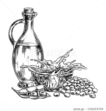 Soybean oil. A glass bottle, a handful of soybeans, and a splash of oil in a wooden bowl. Black and white vector graphics. For menus, recipes, and cookbooks. For banners, packaging, labels, and more. 138203704