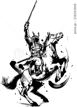 騎馬武者の墨絵イラスト 138203848