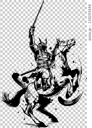 騎馬武者の墨絵イラスト 138203848