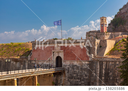Old Fortress entrance with Greek flag in Corfu Town, Greece Old Fortress entrance with Greek flag in Corfu Town, Greece 138203886