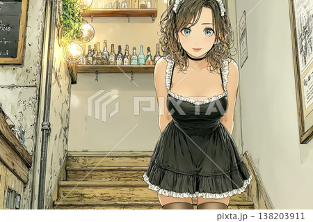 階段の前で微笑むメイドカフェ店員のイラスト 138203911